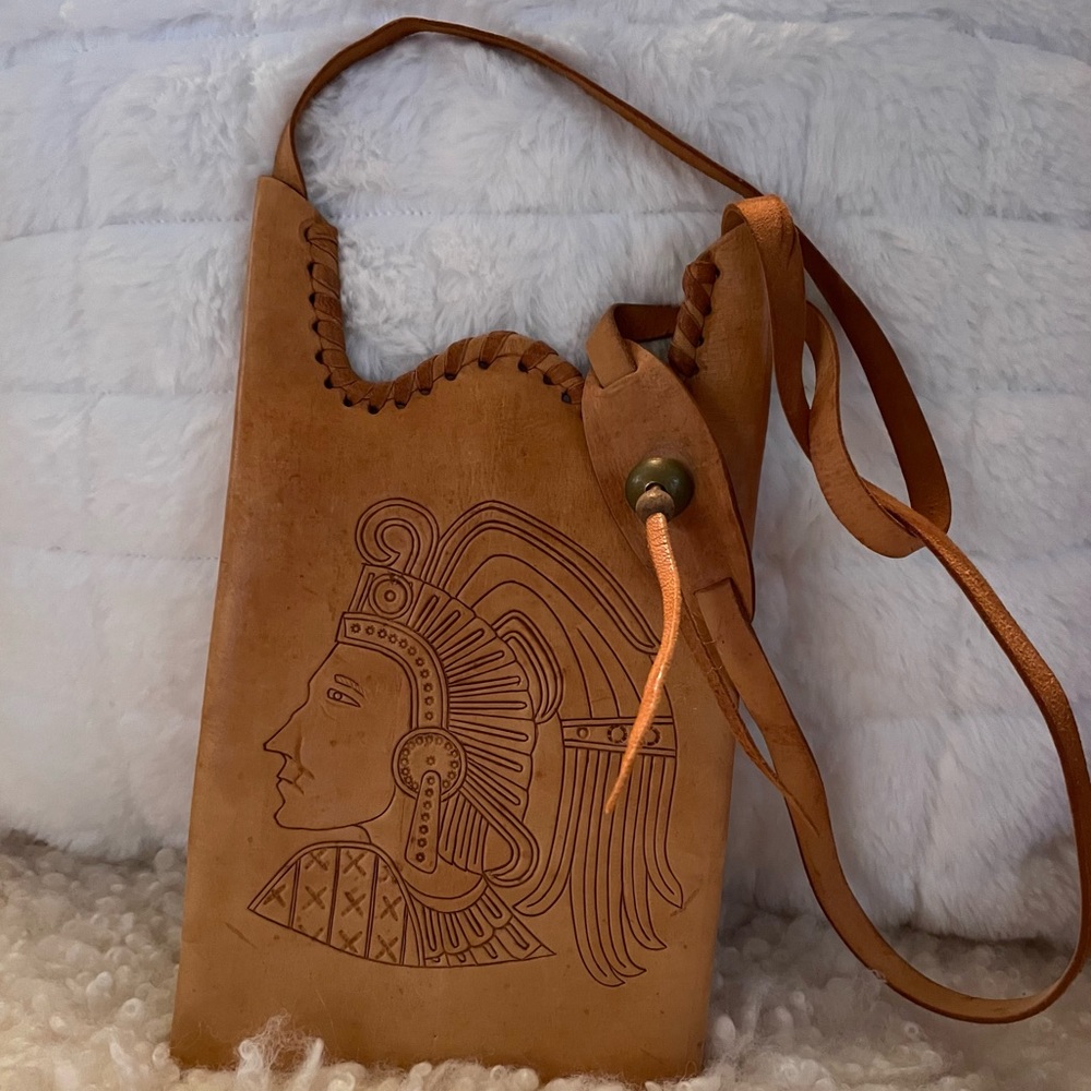 Hand crafted leather aboriginal shoulder bag